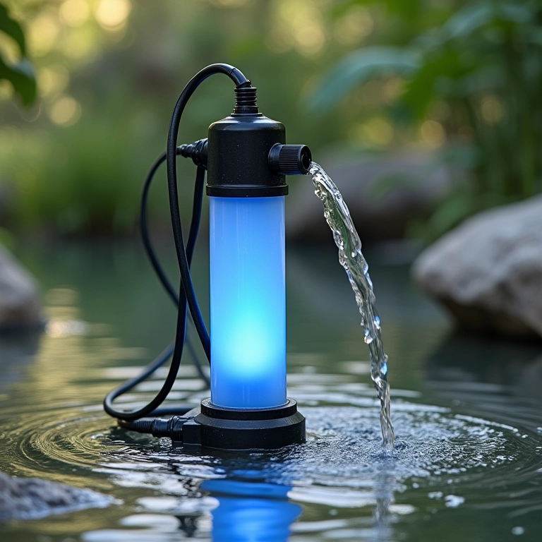 Bomba de água conectada a um filtro UV em um lago.