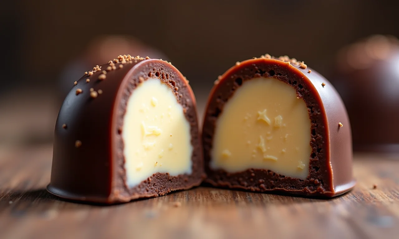 Bombom de cupuaçu cortado ao meio, revelando o recheio cremoso e delicioso.