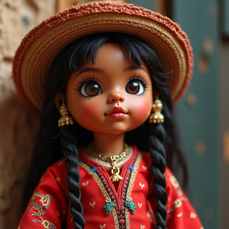 Boneco de Orixá com roupa detalhada e colorida.