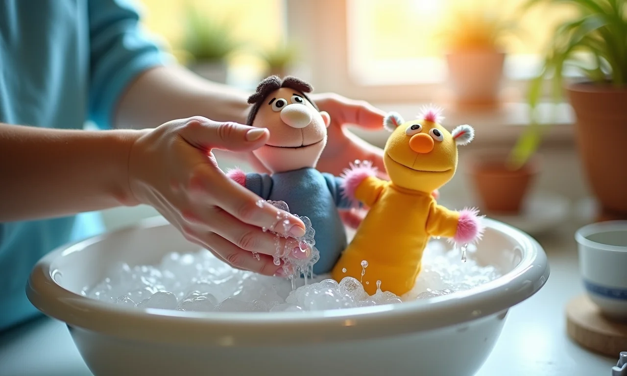 Bonecos fantoches sendo lavados delicadamente à mão.