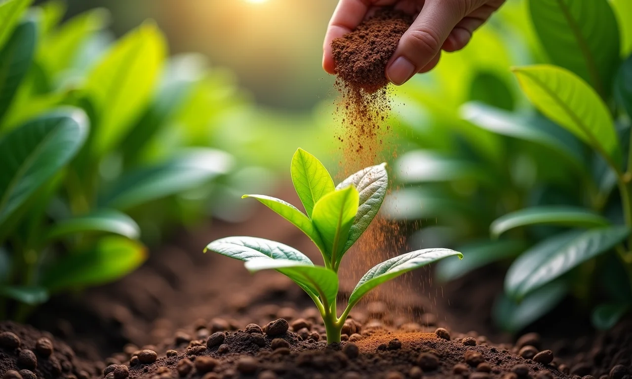 Borra de café sendo usada como adubo para plantas.