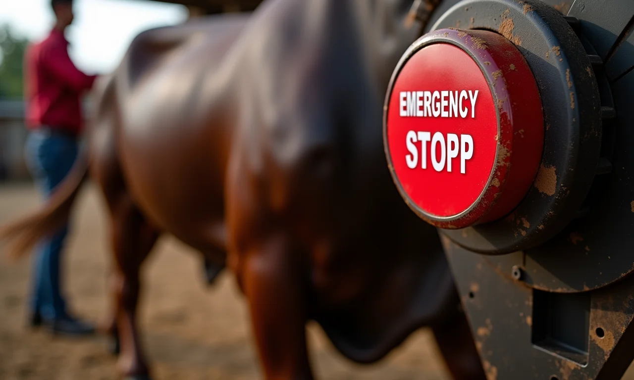Botão de parada de emergência de um touro mecânico.