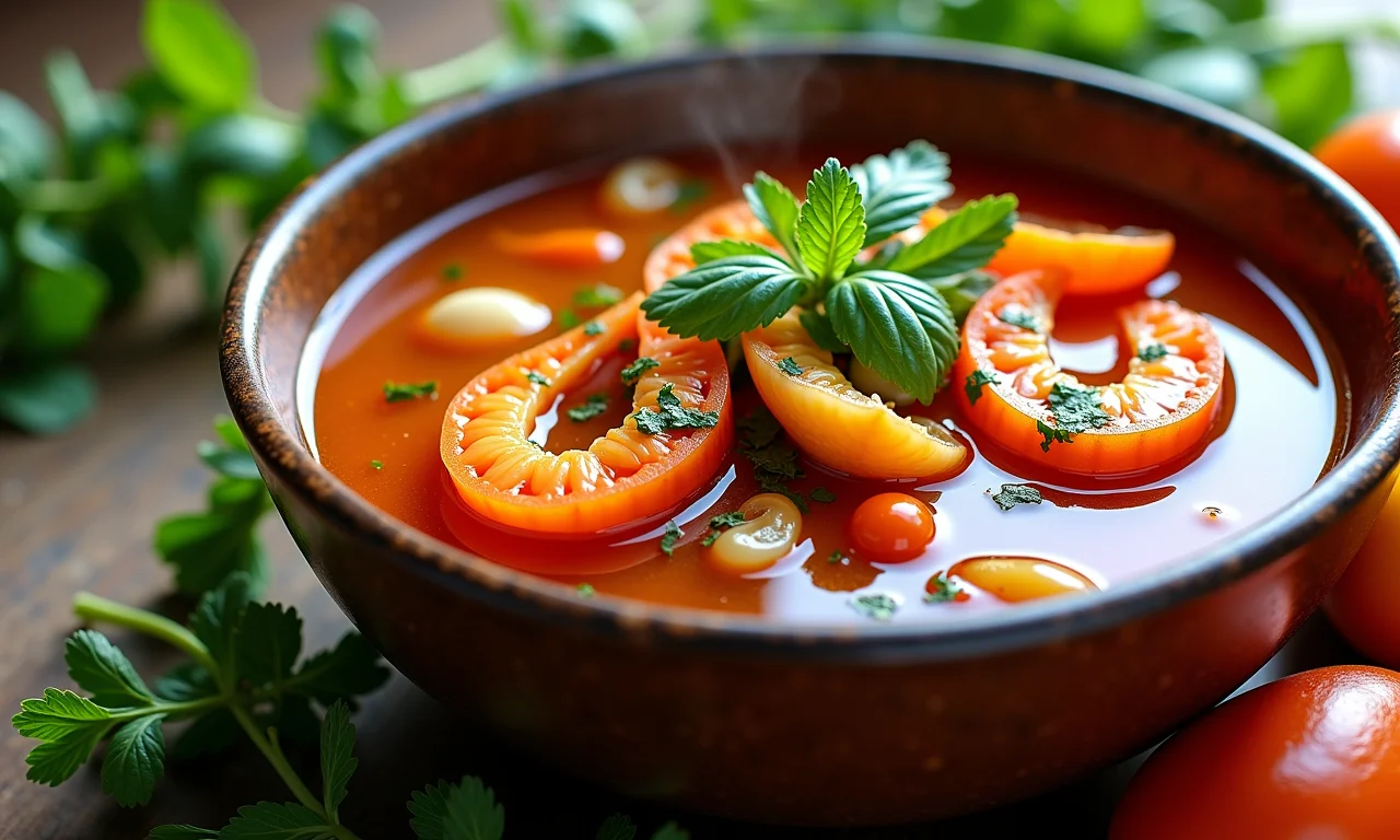 Bouillabaisse fumegante servida em tigela rústica, com ervas frescas e frutos do mar.