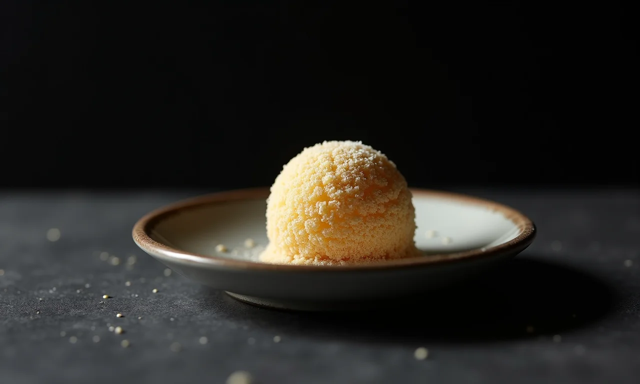 Brigadeiro cremoso de juçara em um prato pequeno, com fundo escuro e iluminação dramática.