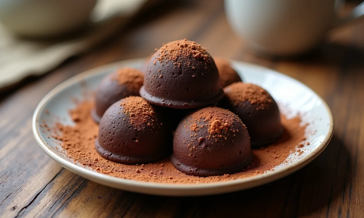 Brigadeiro de cupuaçu polvilhado com cacau em pó, em um prato rústico.