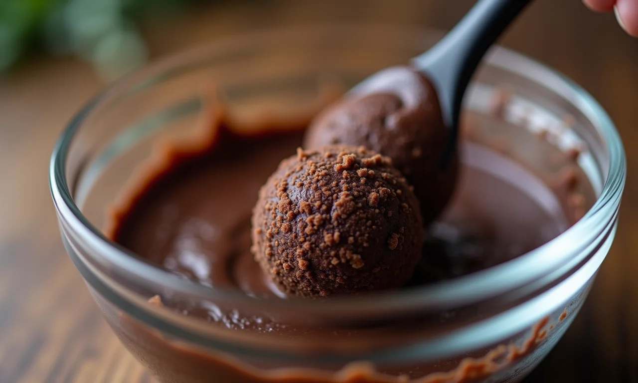Brigadeiro de microondas cremoso sendo mexido em uma tigela de vidro.