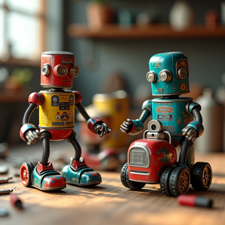 Brinquedos de lata artesanais feitos com latas recicladas.