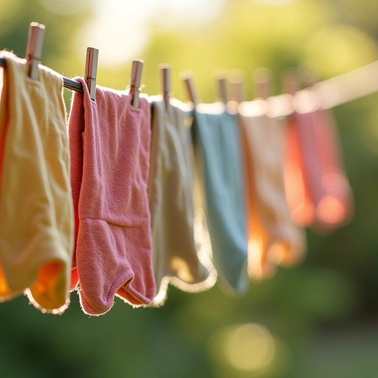 Brinquedos de tecido secando no varal em dia ensolarado.