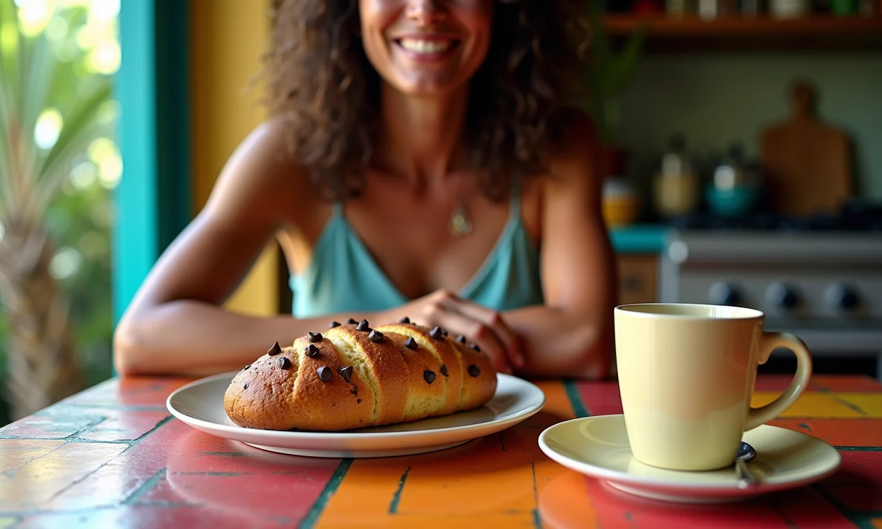 Brioche doce com gotas de chocolate em mesa colorida.