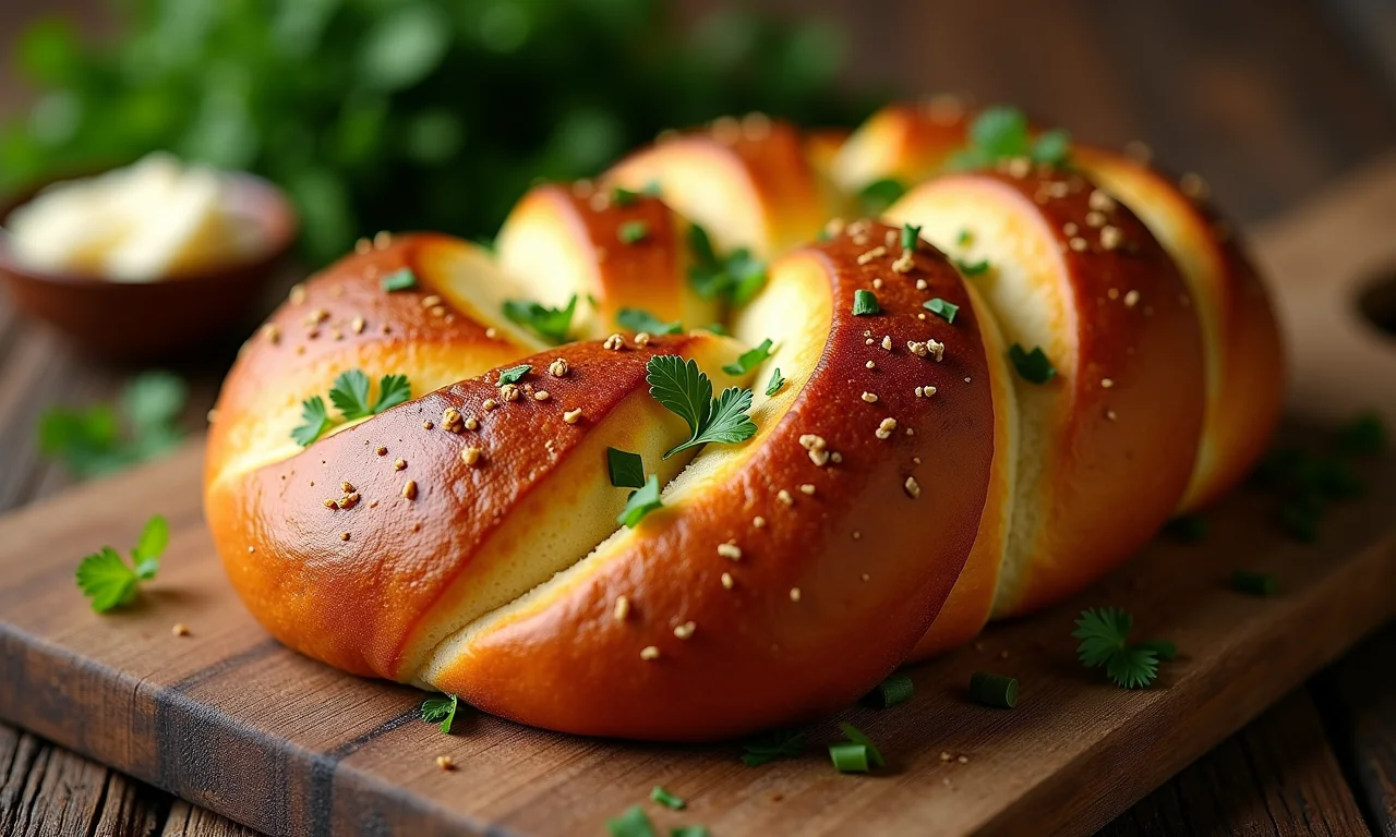 Brioche salgado com queijo e ervas em mesa de madeira.
