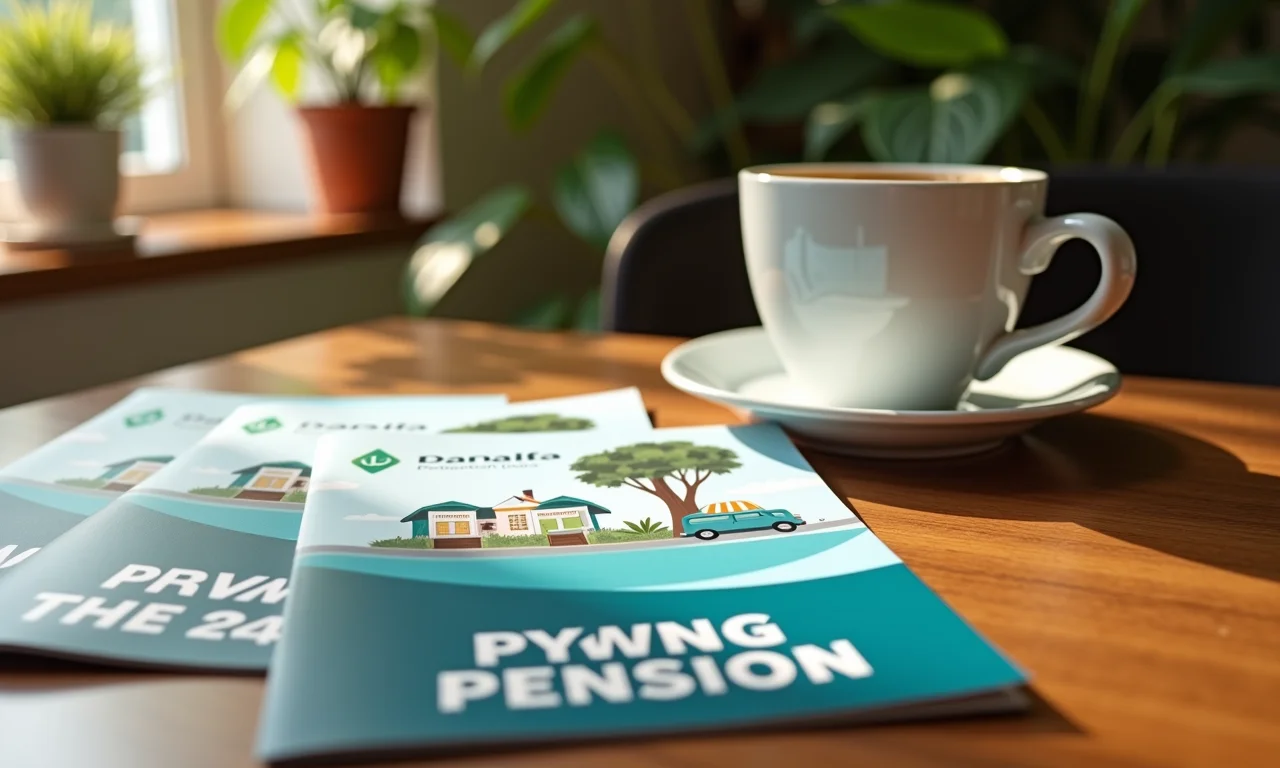 Brochuras de planos de previdência privada sobre mesa de madeira, ao lado de café.