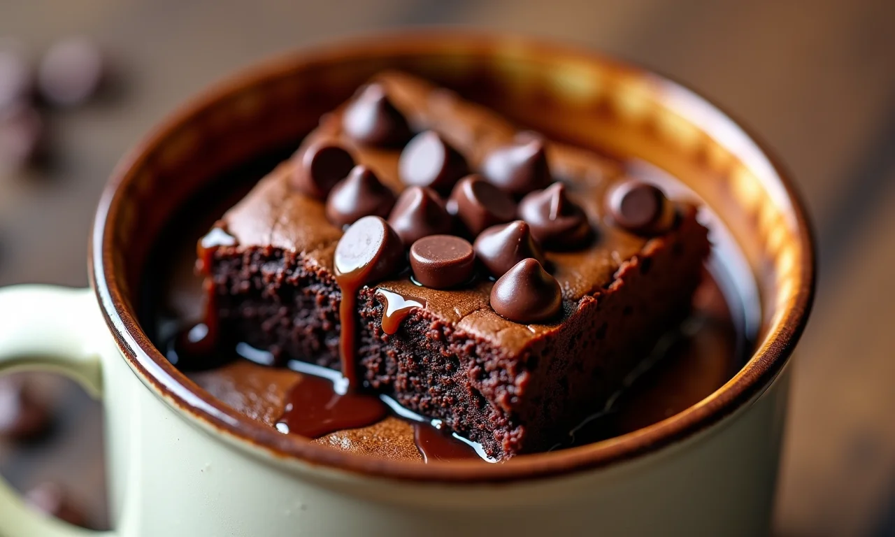 Brownie de caneca quentinho com gotas de chocolate derretendo.