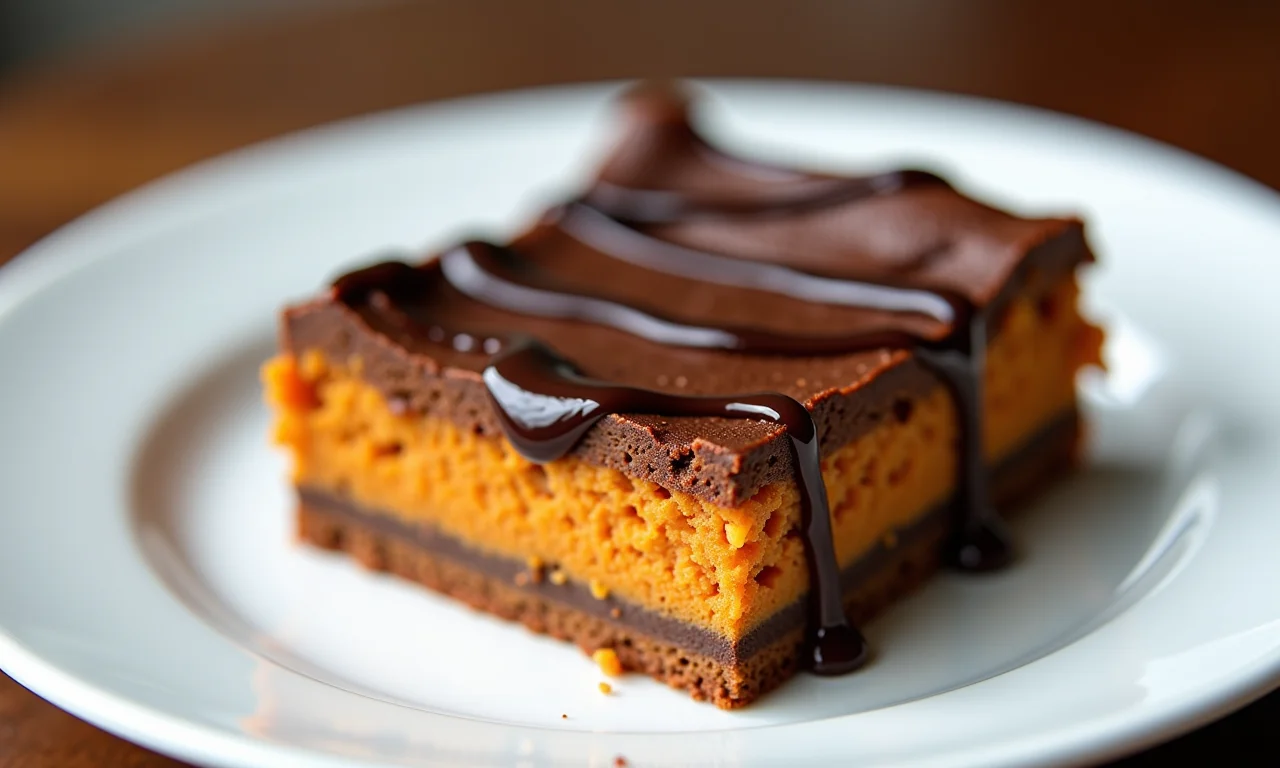 Brownie fitness de batata doce com cobertura de chocolate.