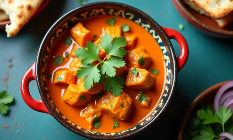 Butter chicken cremoso servido em tigela colorida com pão naan.