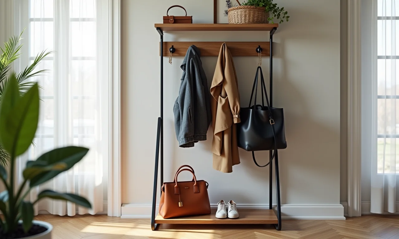 Cabideiro com prateleira e elementos decorativos.