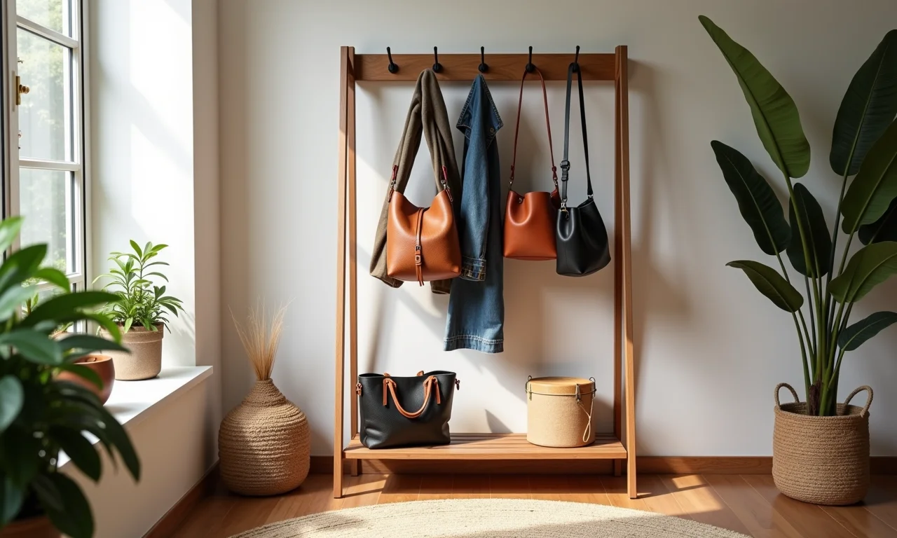 Cabideiro de chão em um ambiente boho e estiloso.