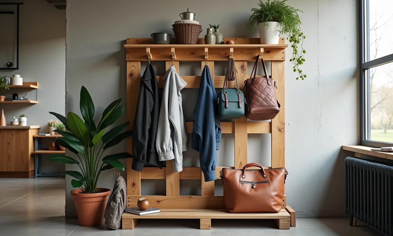 Cabideiro feito com pallets, design sustentável e moderno.