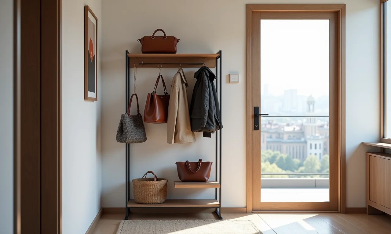 Cabideiro perto da porta de entrada de um apartamento moderno.