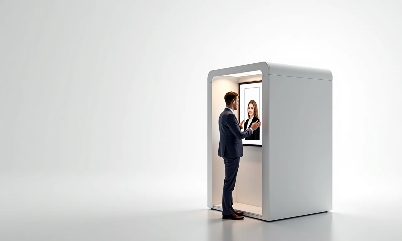 Cabine de fotos para passaporte com fundo branco e iluminação profissional.