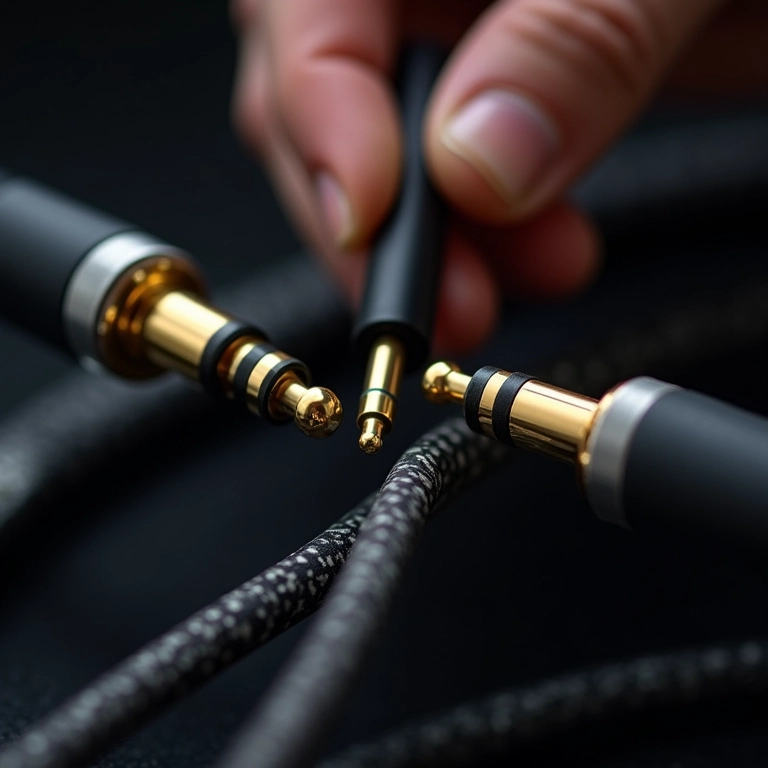 Cabos de áudio sendo limpos e inspecionados.