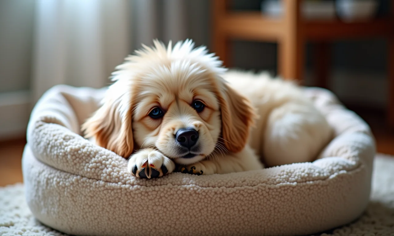 Cachorro aconchegado em casinha de pano macia e confortável.