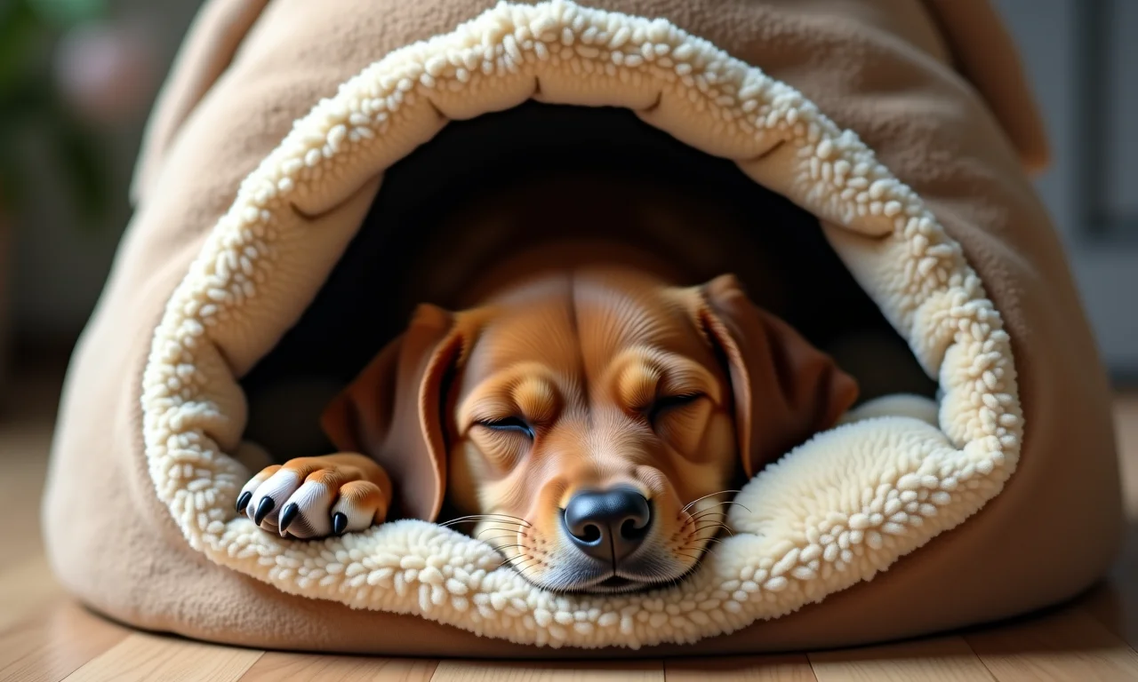 Cachorro dormindo em casinha de pano, sensação de segurança.