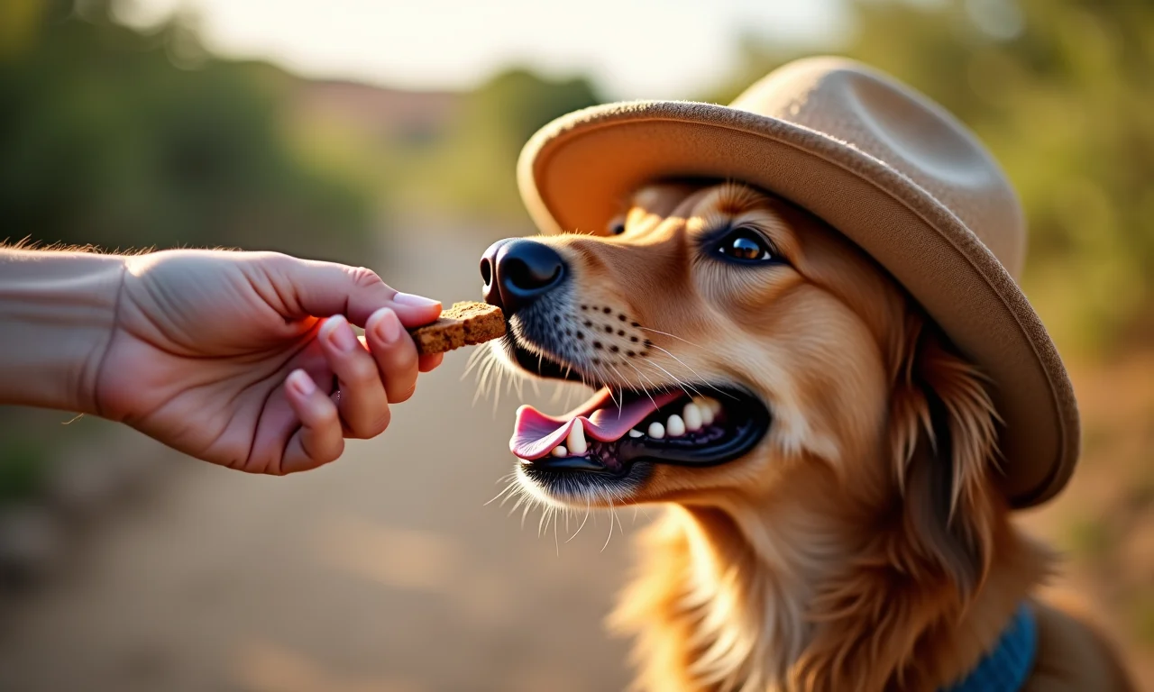Cachorro ganhando petisco por usar chapéu.