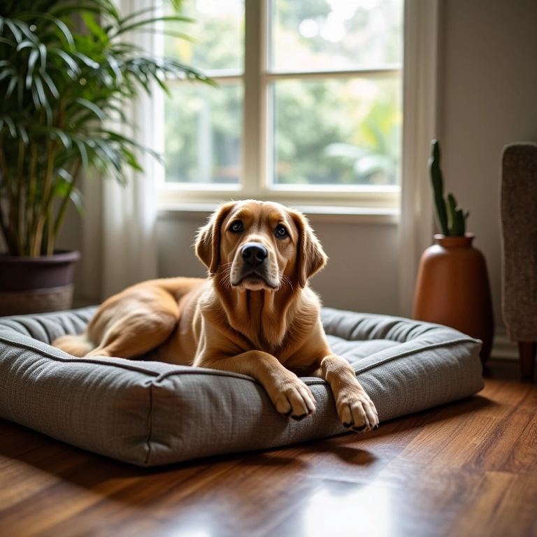Cachorro relaxando em sua caminha perto da janela em uma sala aconchegante.