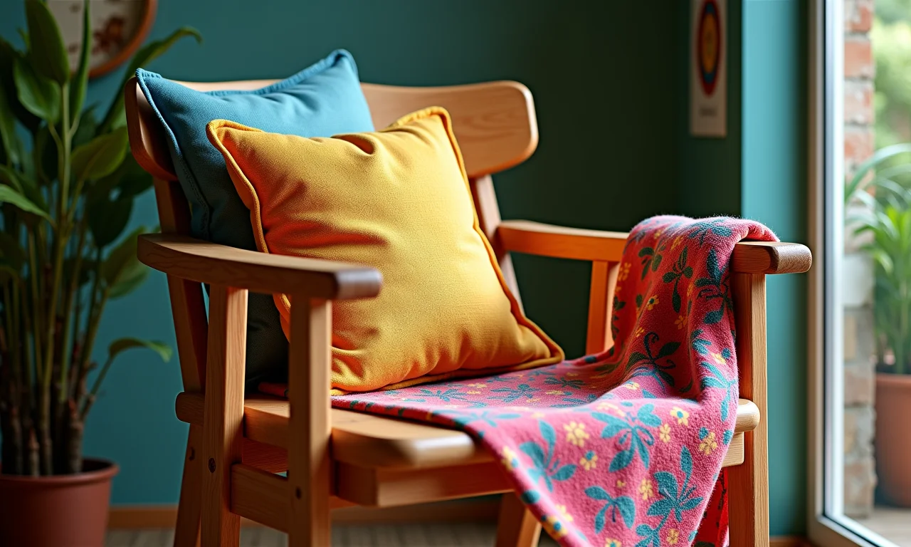 Cadeira de madeira customizada com almofadas coloridas