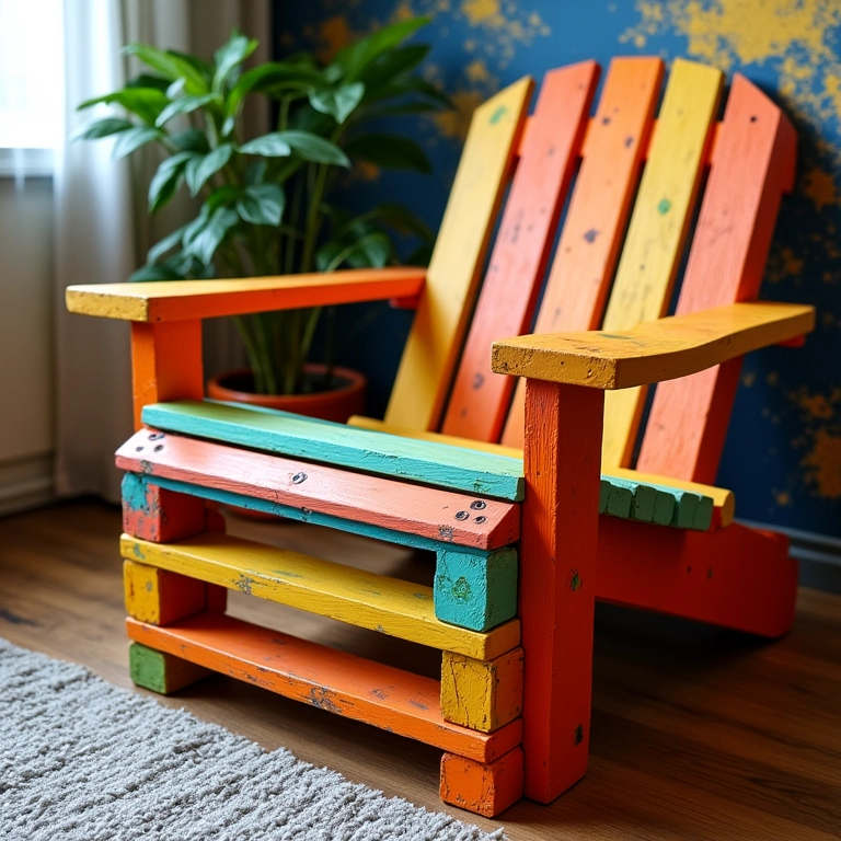 Cadeira de palete personalizada com cores vibrantes.