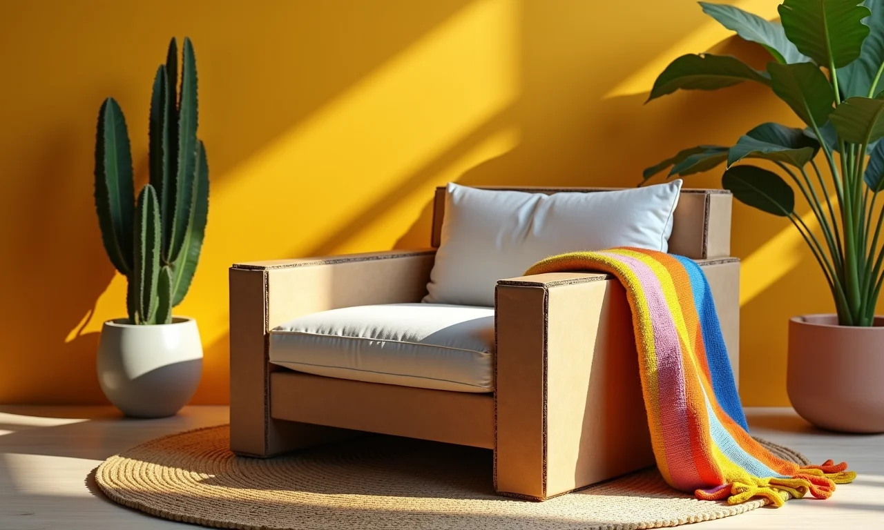 Cadeira de papelão confortável com almofada e tecido colorido.