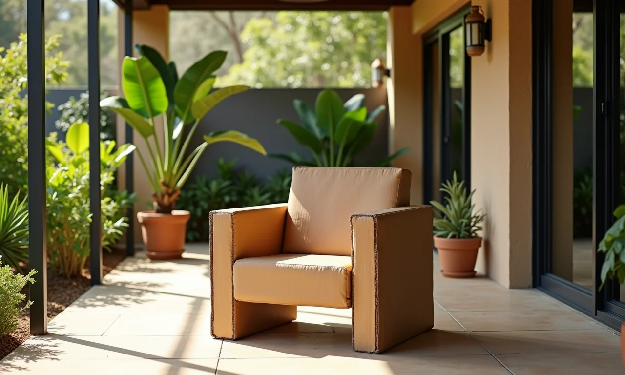 Cadeira de papelão em área externa protegida.