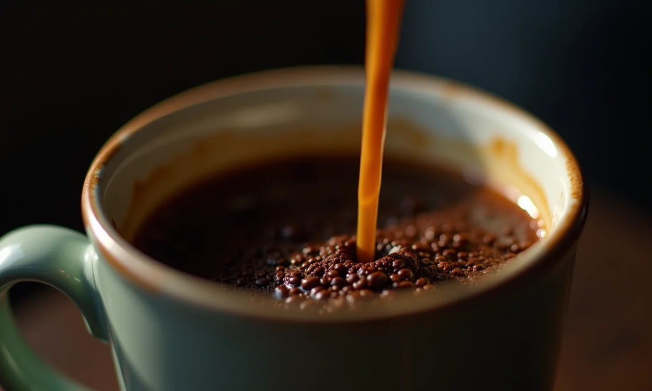 Café coado com borra queimada.