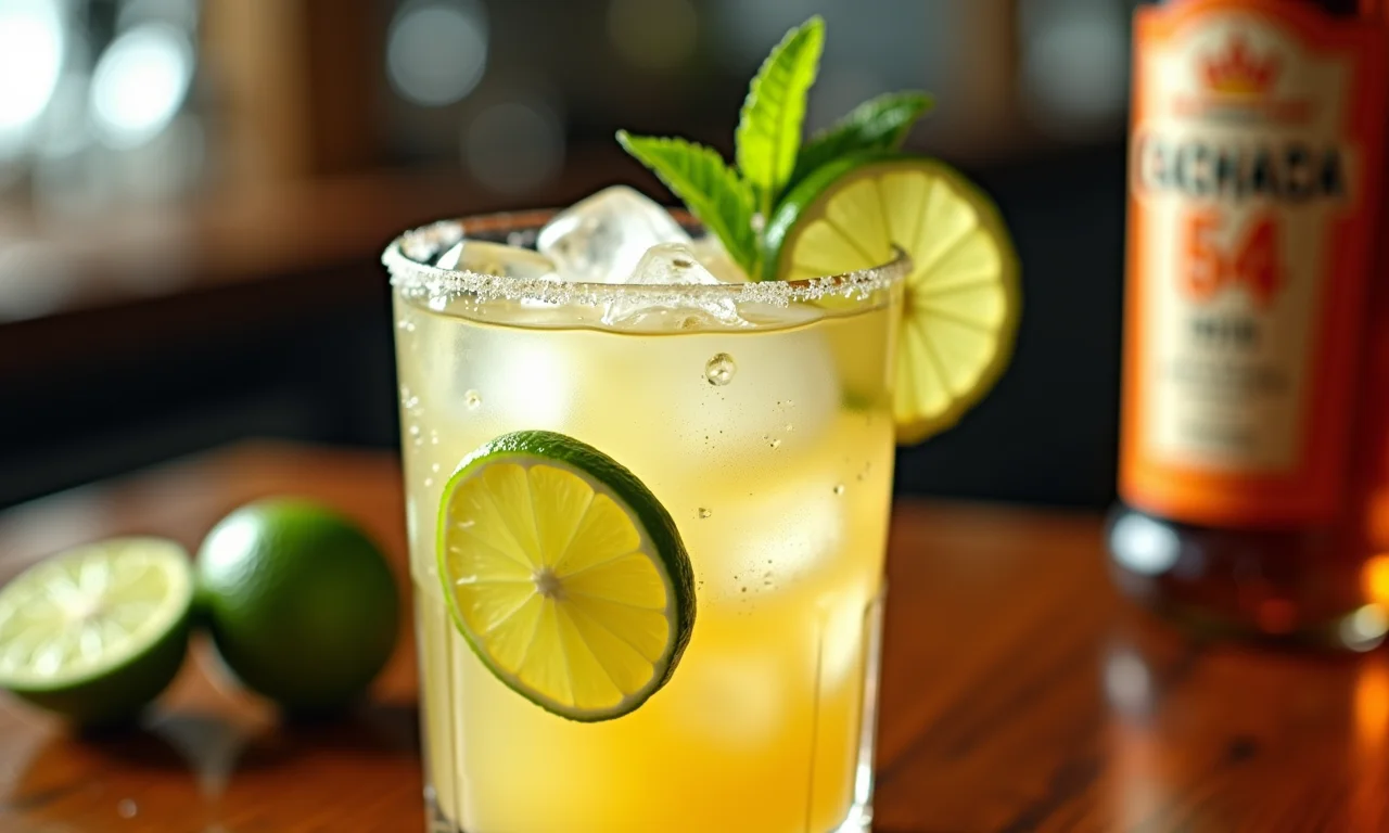 Caipirinha de seriguela com limão em um copo.