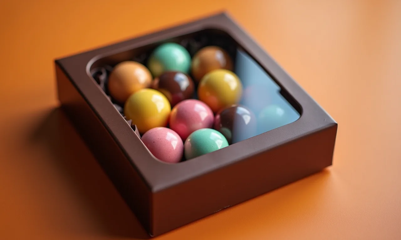 Caixa de bombom com visor transparente.