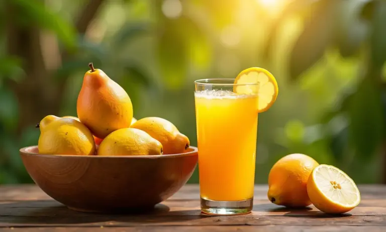Cajá, fruta tropical refrescante, suco, tigela de madeira.