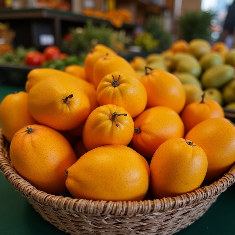 Cajaranas em uma cesta em um mercado brasileiro.