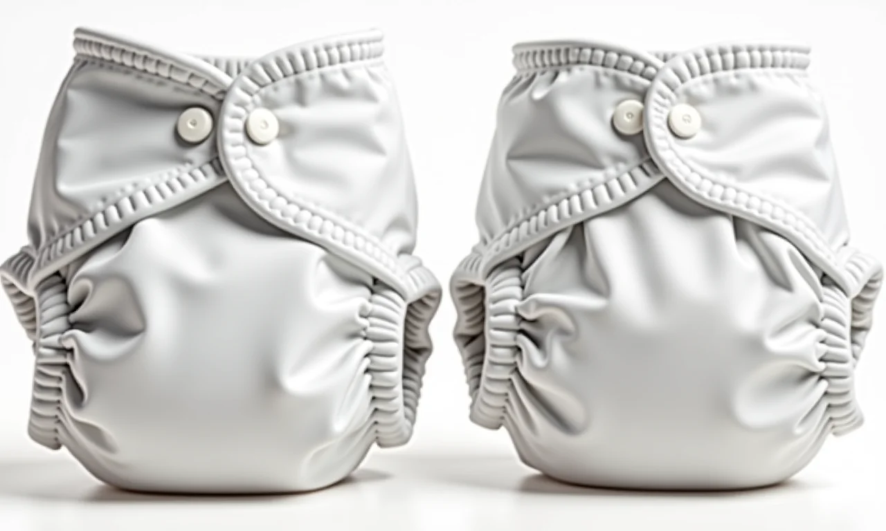 Calças plásticas de bebê com botões e velcro.