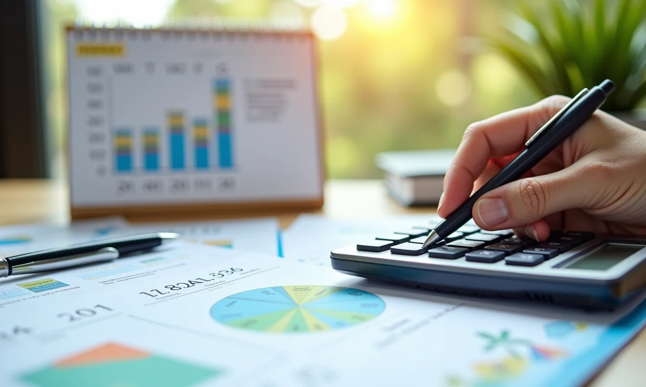 Calculadora, calendário e folhetos de viagem para calcular férias.