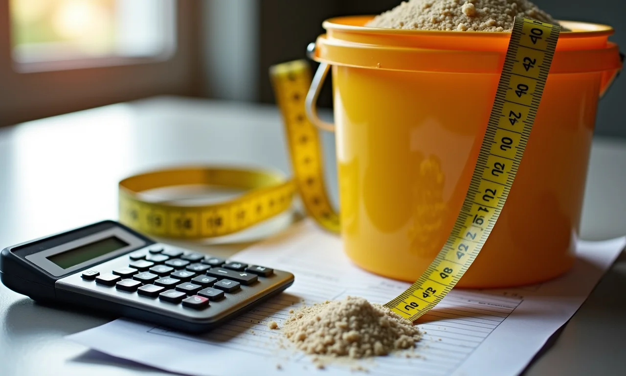 Calculadora, fita métrica e balde de grafiato, mostrando a importância de calcular o material necessário.