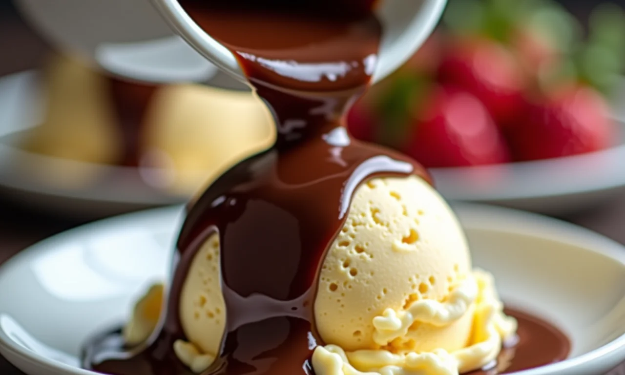 Calda de chocolate sendo despejada sobre o pudim de sorvete.