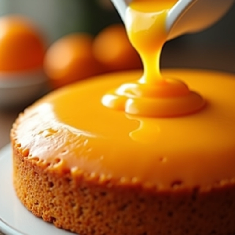 Calda de laranja escorrendo sobre o bolo.