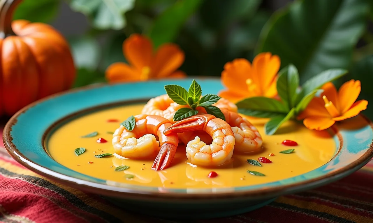 Caldo de camarão com abóbora em ambiente colorido.