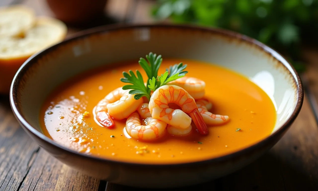 Caldo de camarão com mandioquinha em tigela aconchegante.
