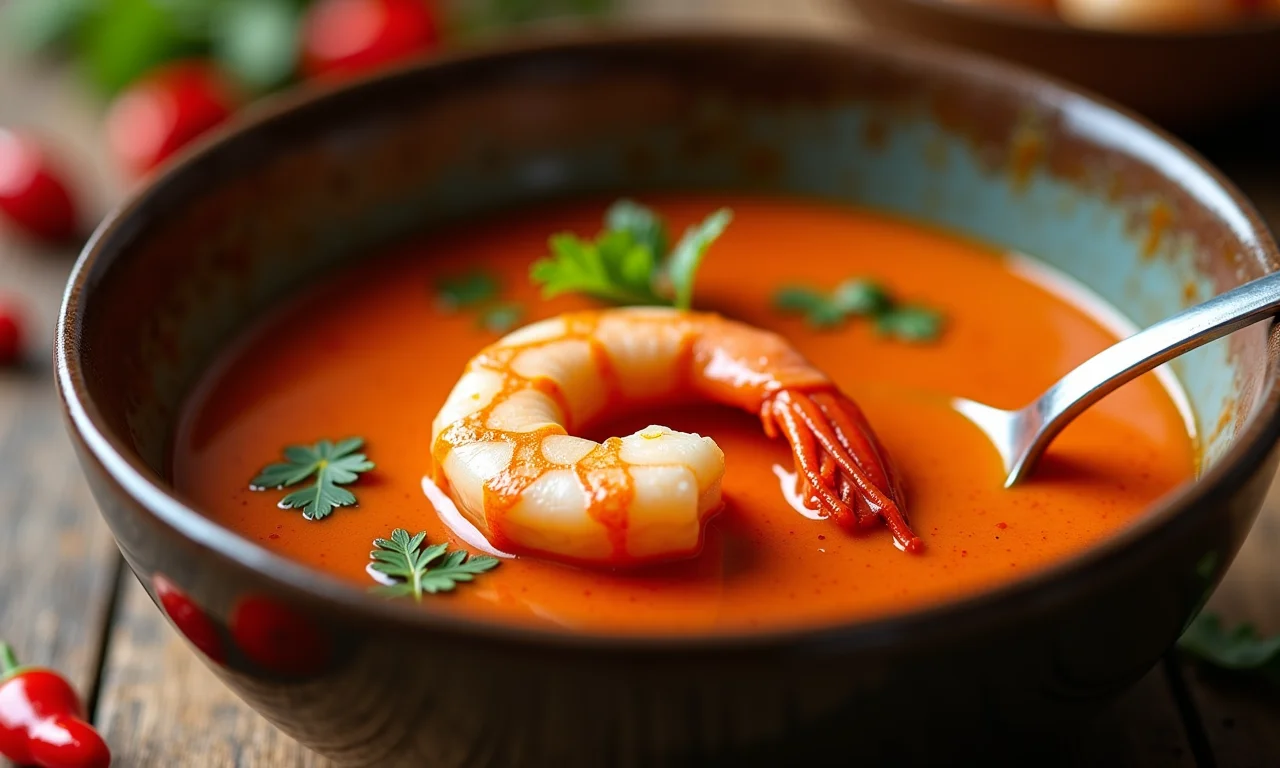 Caldo de camarão picante com pimentas.
