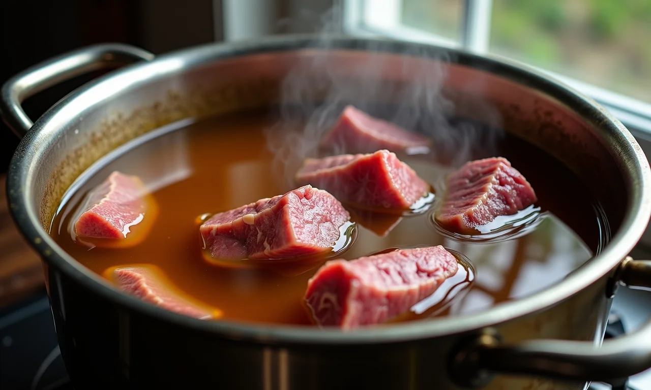 Caldo de carne caseiro fervendo em panela, com ossos e carne.