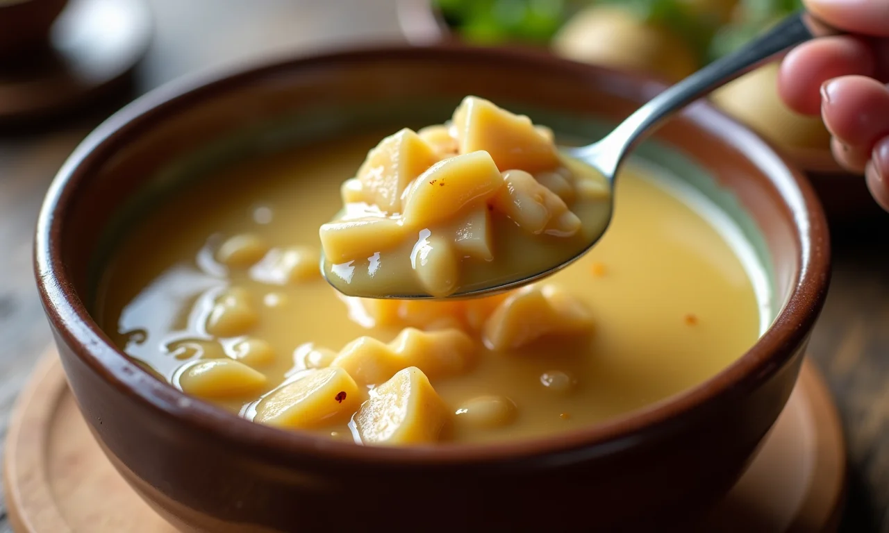 Caldo de feijão cremoso sendo servido em uma tigela.
