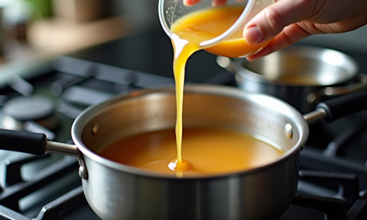 Caldo de frango industrializado sendo despejado em panela.