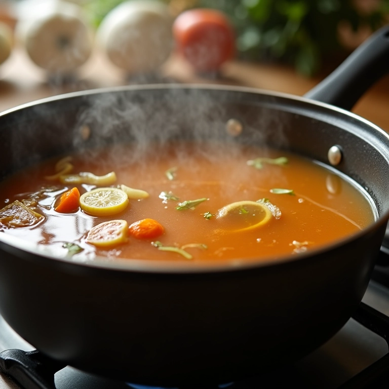 Caldo de galinha caseiro borbulhando na panela.
