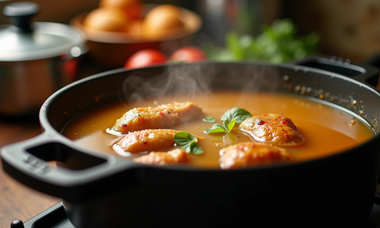 Caldo de galinha caseiro fervendo no fogão, ingrediente essencial para a massa da coxinha.